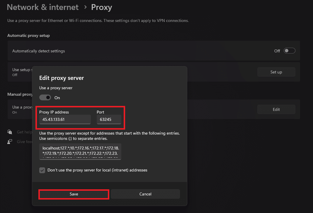 Paste proxy server address and port for WatchSoMuch proxy configuration.
