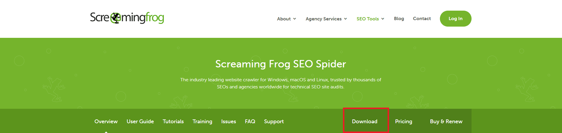 Screaming Frog download page.