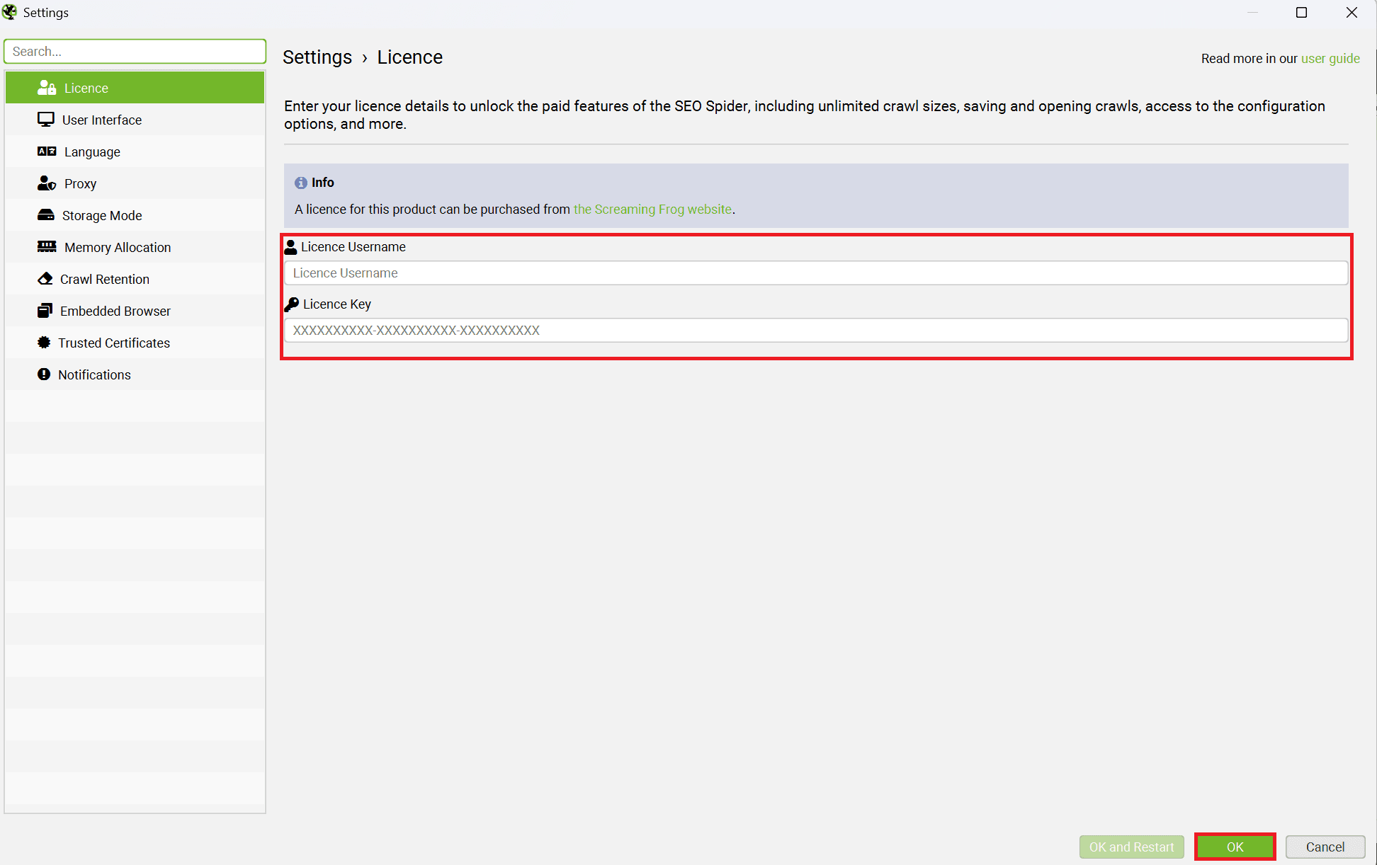 Screaming Frog enter licence credentials.