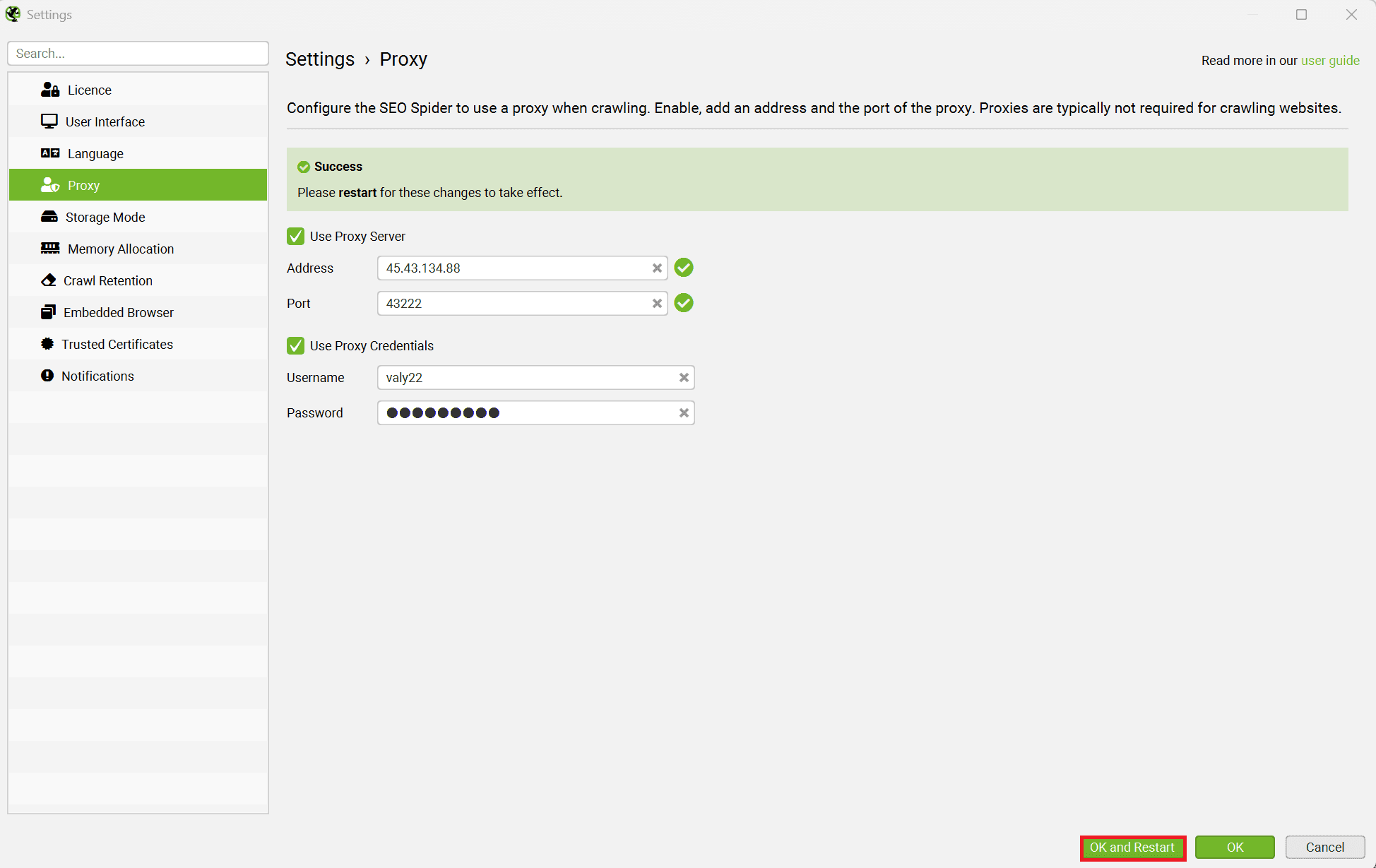 Screaming Frog input proxy details.